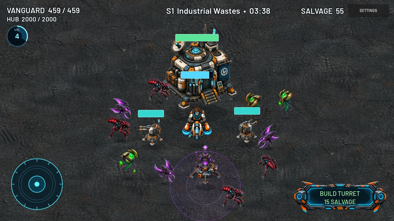 An engineer and automated turrets defend a command hub against alien attackers